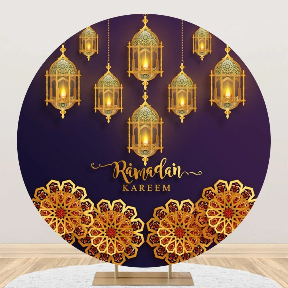 Aperturee - Golden Lantern Mandala Pattern Round Eid Backdrop