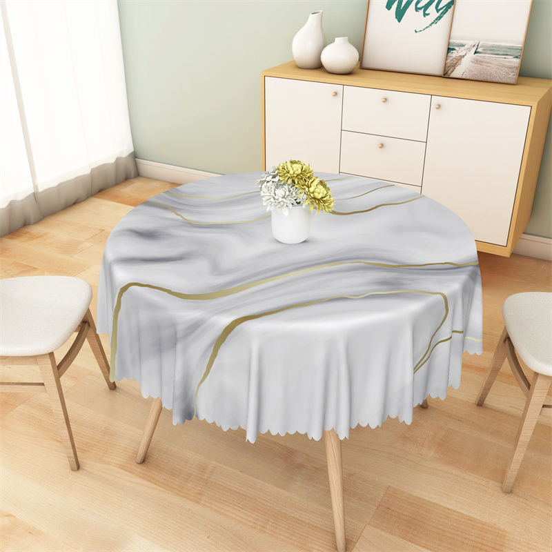 Aperturee - Golden Line Grey White Marble Print Round Tablecloth