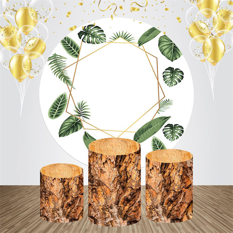 Aperturee - Golden Lines Leaves Wood Round Birthday Backdrop Kit