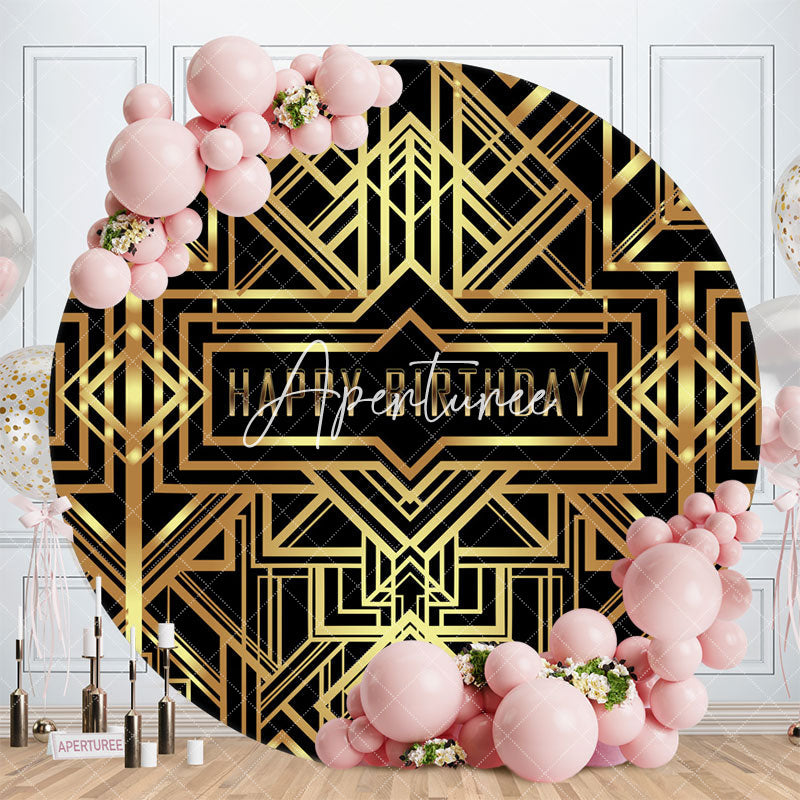 Aperturee Golden Metallic Lines Black Round Birthday Backdrop