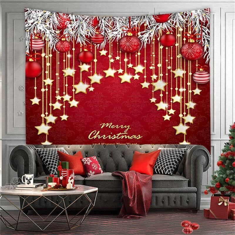 Aperturee - Golden Pentagram And Red Merry Christmas Wall Tapestry