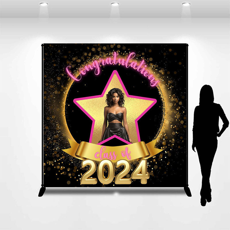 Aperturee - Golden Pink Glitter Star Custom Graduation Backdrop