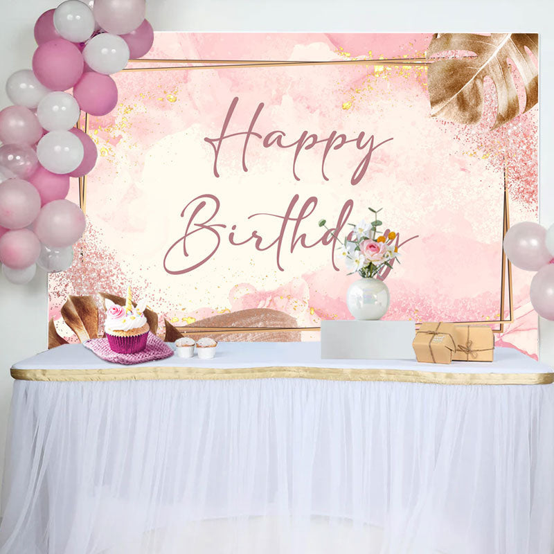 Aperturee - Golden Rectangle Lines Leaves Pink Birthday Backdrop