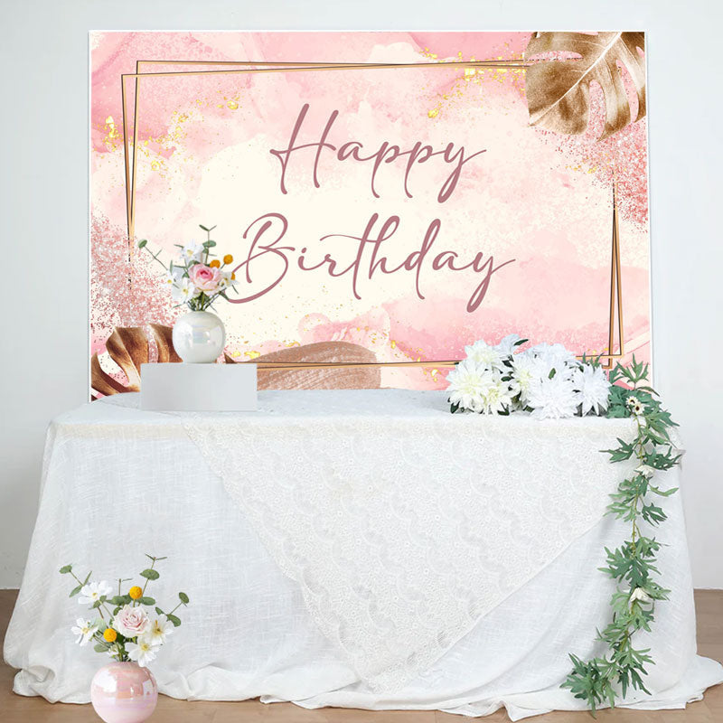 Aperturee - Golden Rectangle Lines Leaves Pink Birthday Backdrop