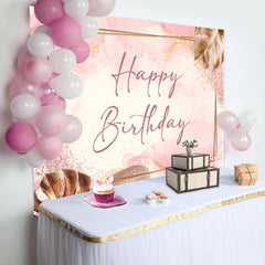 Aperturee - Golden Rectangle Lines Leaves Pink Birthday Backdrop