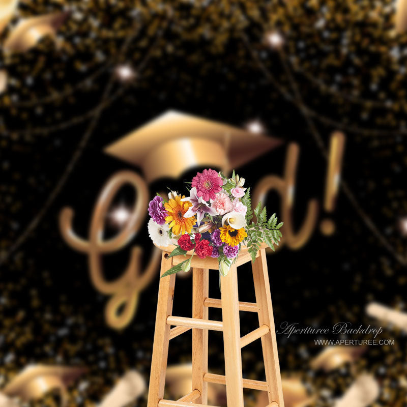 Aperturee - Golden Ribbon Black Grad Party Photo Booth Backdrop