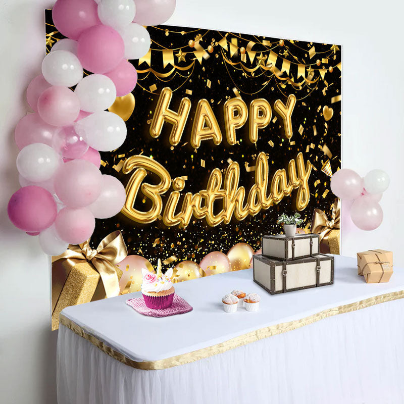 Aperturee - Golden Ribbons Gift Pink Balloons Birthday Backdrop