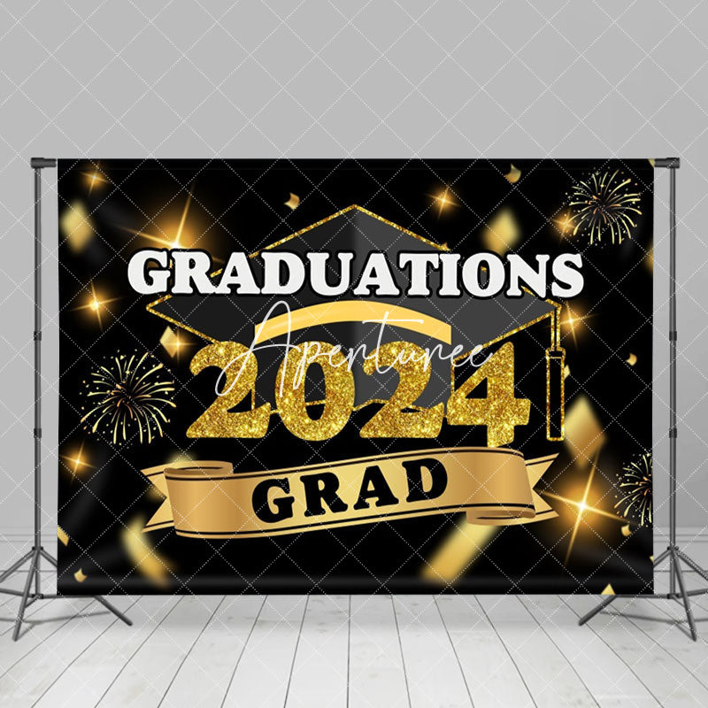 Aperturee - Golden Sparkling Ribbons Hat Graduation Backdrop