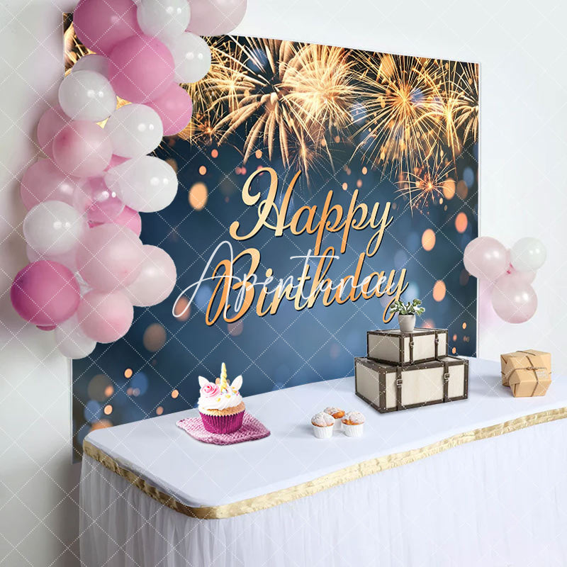 Aperturee - Golden Sparks Blue Bokeh Happy Birthday Backdrop