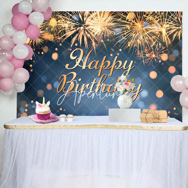 Aperturee - Golden Sparks Blue Bokeh Happy Birthday Backdrop