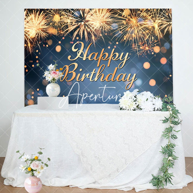 Aperturee - Golden Sparks Blue Bokeh Happy Birthday Backdrop