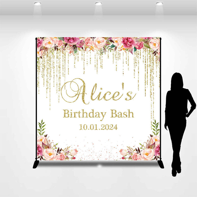 Aperturee - Golden Tassels Pink Floral Custom Birthday Backdrop