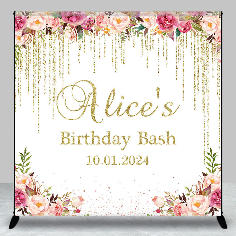 Aperturee - Golden Tassels Pink Floral Custom Birthday Backdrop