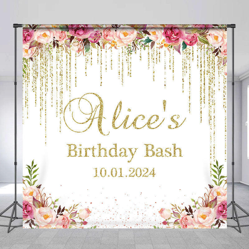 Aperturee - Golden Tassels Pink Floral Custom Birthday Backdrop