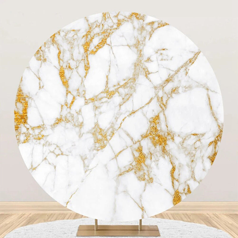 Aperturee - Golden Texture Marble White Round Birthday Backdrop