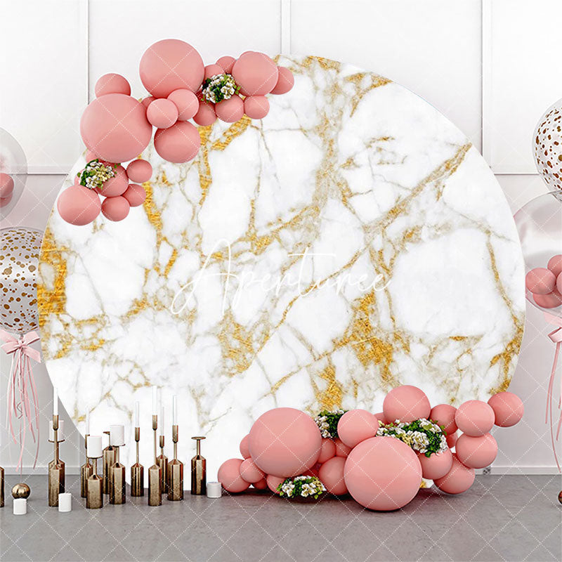 Aperturee - Golden Texture Marble White Round Birthday Backdrop