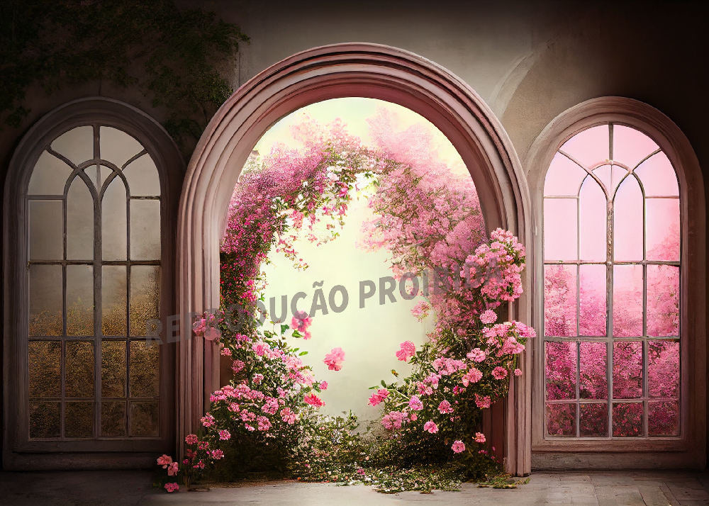 Aperturee - Gorgeous Arch Door Pink Floral Portrait Backdrop