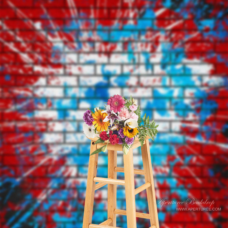 Aperturee - Graffiti Blue Ink Splash Red Brick Wall Photo Backdrop