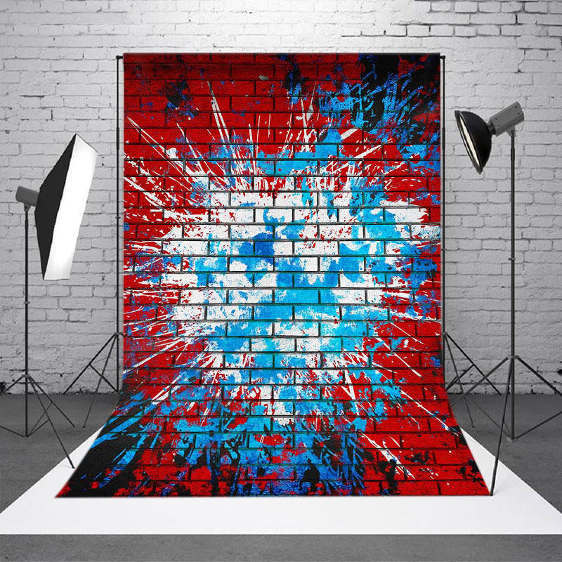 Aperturee - Graffiti Blue Ink Splash Red Brick Wall Photo Backdrop