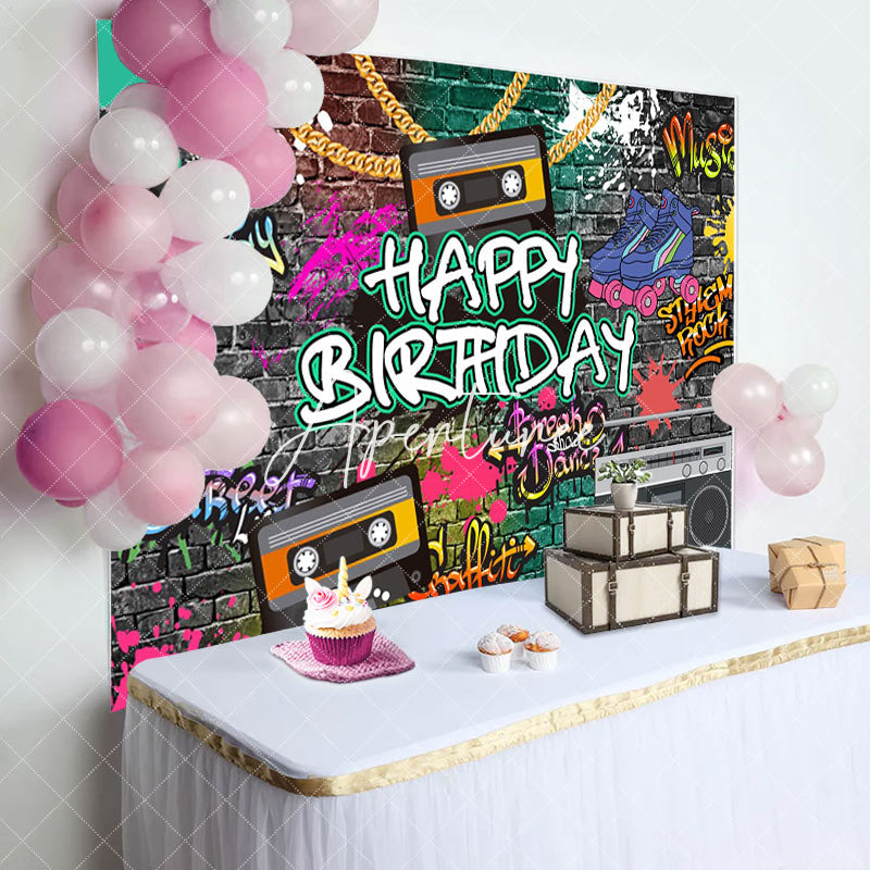 Aperturee - Graffiti Wall 90s Speakers Happy Birthday Backdrop