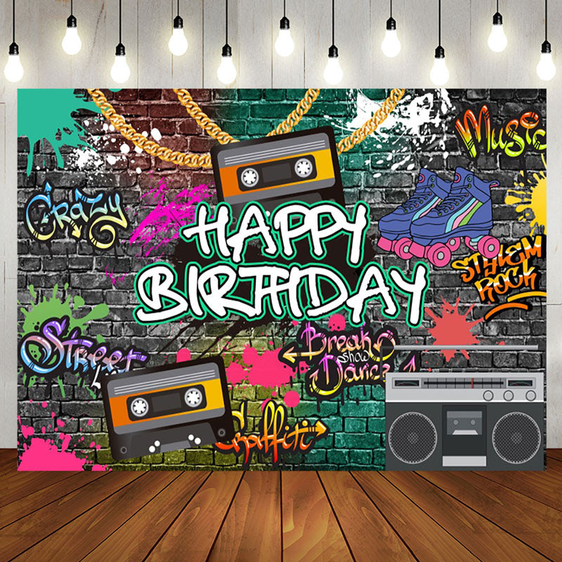 Aperturee - Graffiti Wall 90s Speakers Happy Birthday Backdrop