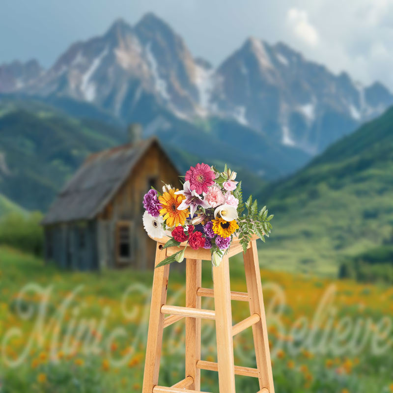 Aperturee - Grassland Mountain Wooden House Spring Photo Backdrop