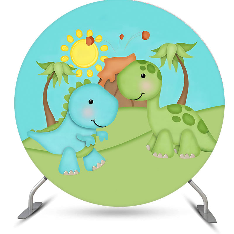 Aperturee - Green And Cyan Dinosaur Round Birthday Party Backdrop