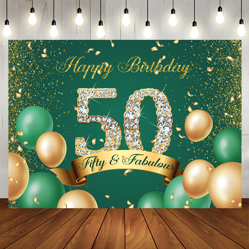 Aperturee - Green and Gold Balloon Glitter 50Th Birthday Backdrop