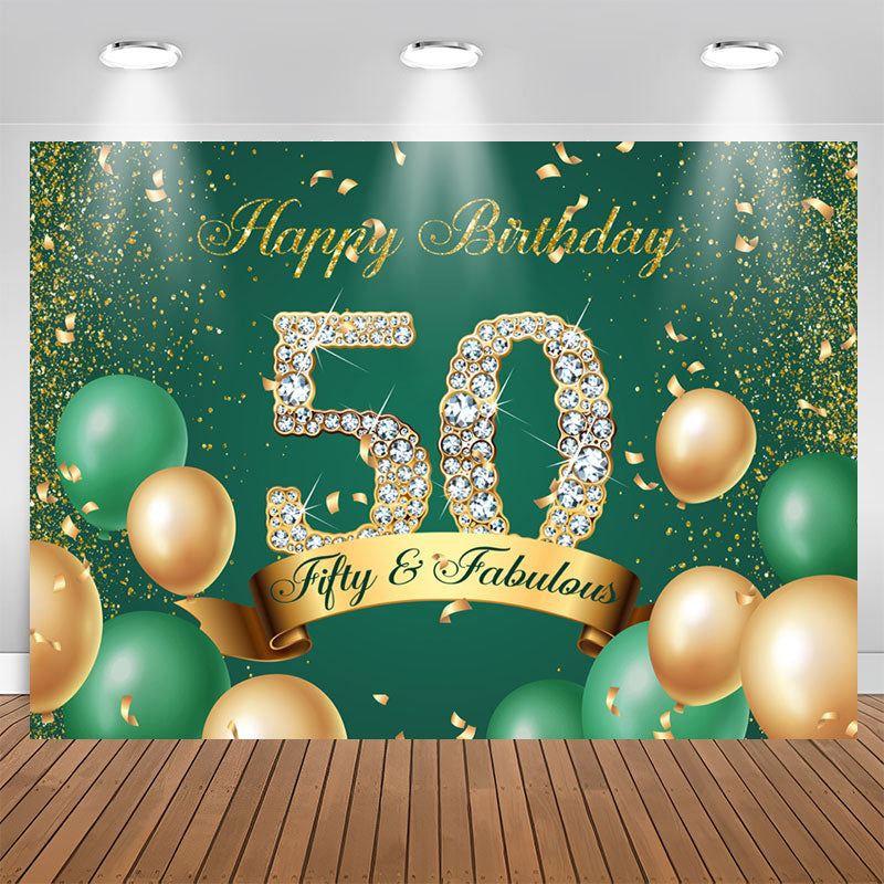 Aperturee - Green and Gold Balloon Glitter 50Th Birthday Backdrop