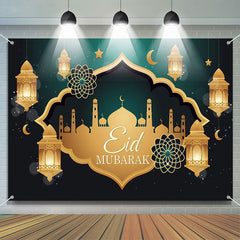 Aperturee - Green And Gold Lantern Palace Eid Mubarak Backdrop