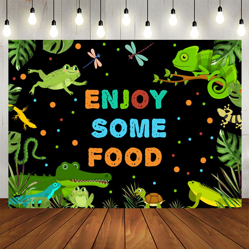 Aperturee - Green Animals Enjoy Some Food Black Birthday Backdrop