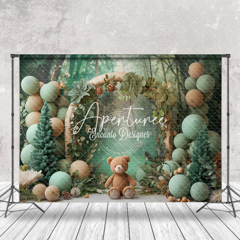 Aperturee - Green Balloons Forest Bear Backdrop For Cake Smash