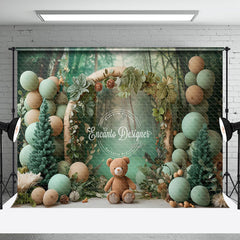 Aperturee - Green Balloons Forest Bear Backdrop For Cake Smash