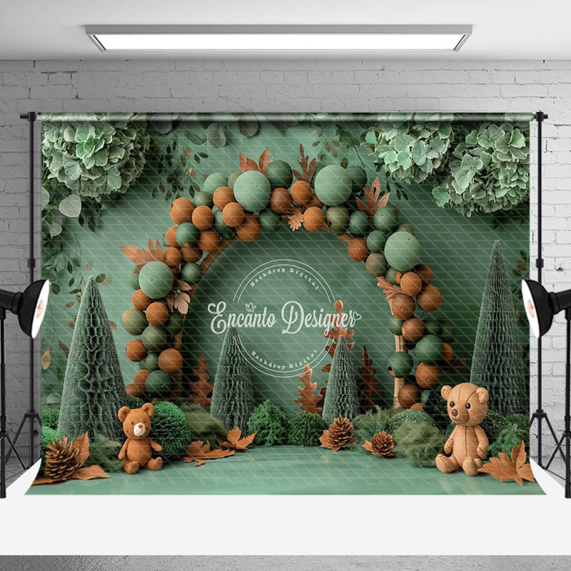 Aperturee - Green Balloons Maple Leaf Bear Cake Smash Backdrop