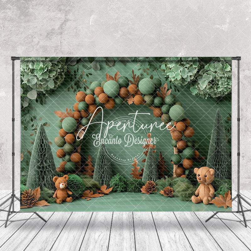 Aperturee - Green Balloons Maple Leaf Bear Cake Smash Backdrop