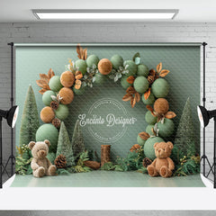 Aperturee - Green Balloons Teddy Bear Leaves Cake Smash Backdrop