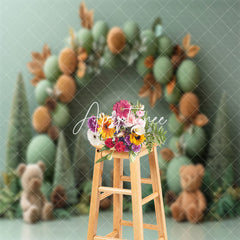 Aperturee - Green Balloons Teddy Bear Leaves Cake Smash Backdrop