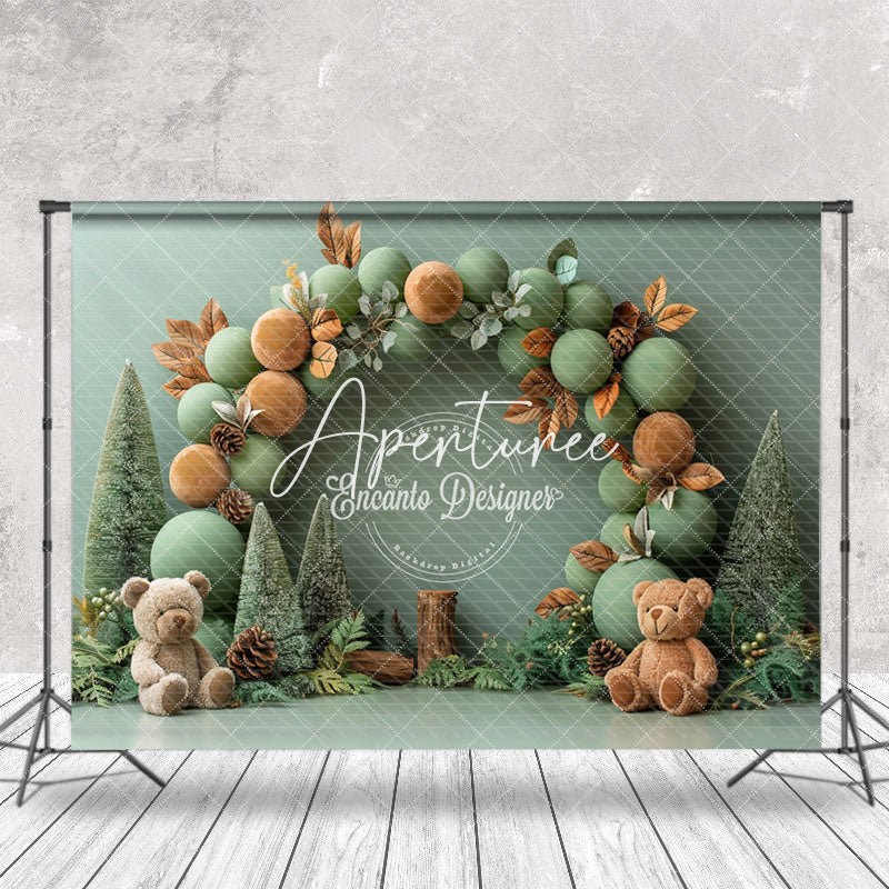 Aperturee - Green Balloons Teddy Bear Leaves Cake Smash Backdrop