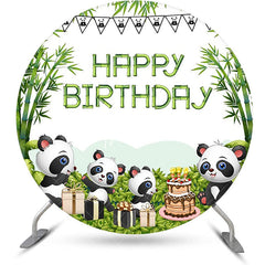 Aperturee - Green Bamboo Forest Panda Round Birthday Backdrop