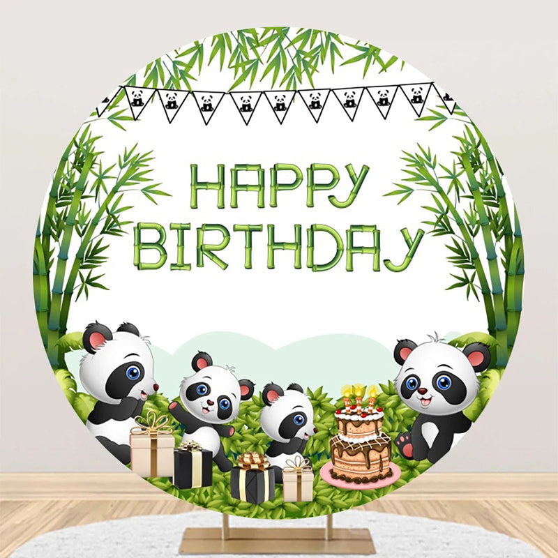 Aperturee - Green Bamboo Forest Panda Round Birthday Backdrop