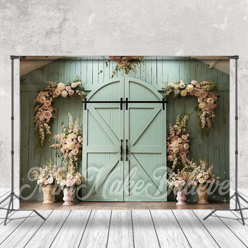 Aperturee - Green Barn Door Flower Decoration Photo Backdrop