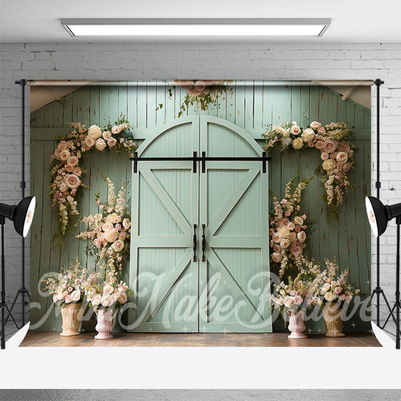 Aperturee - Green Barn Door Flower Decoration Photo Backdrop