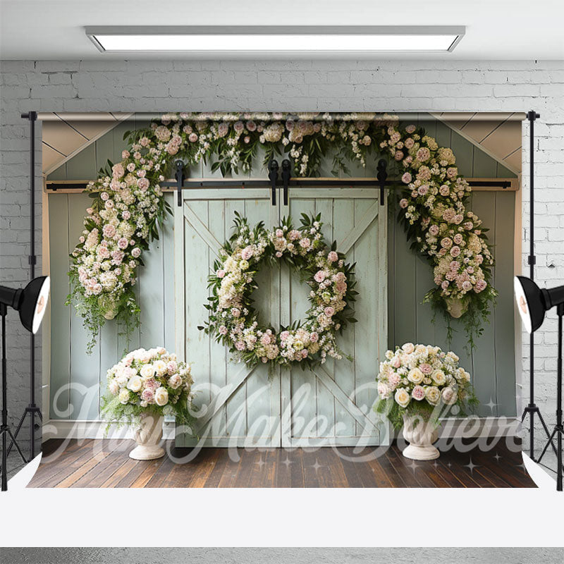 Aperturee - Green Barn Door Wreath Decoration Photo Backdrop