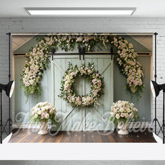 Aperturee - Green Barn Door Wreath Decoration Photo Backdrop