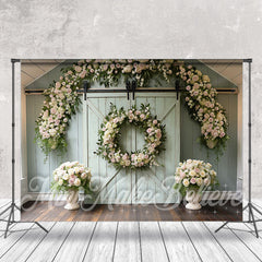 Aperturee - Green Barn Door Wreath Decoration Photo Backdrop