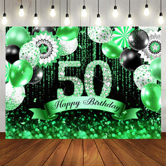 Aperturee - Green Black Balloons Glitter 50th Birthday Backdrop