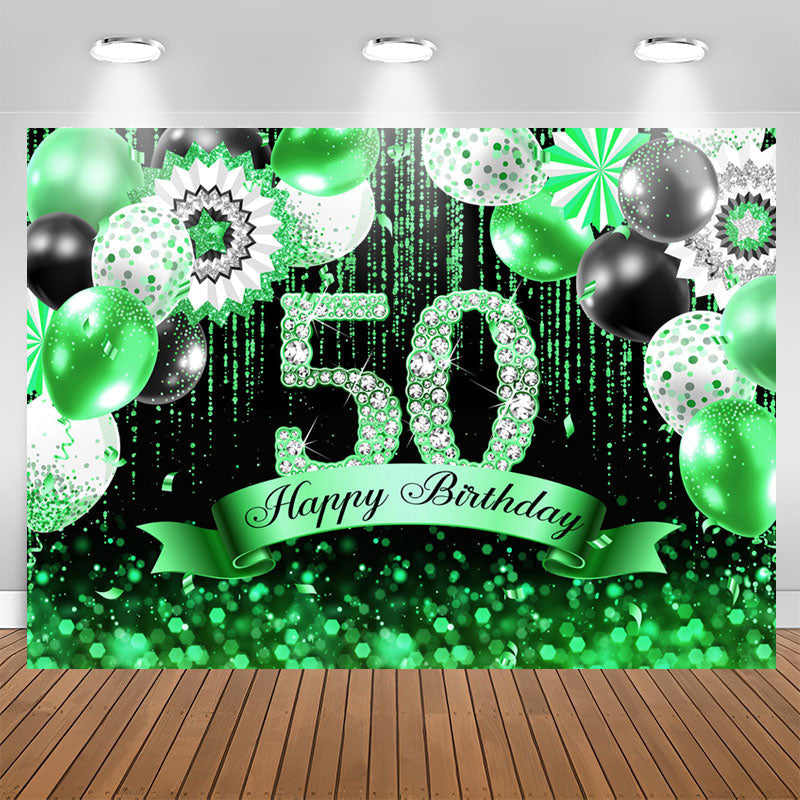 Aperturee - Green Black Balloons Glitter 50th Birthday Backdrop