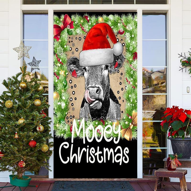 Aperturee - Green Black Cow Xmas Hat Mooey Christmas Door Cover