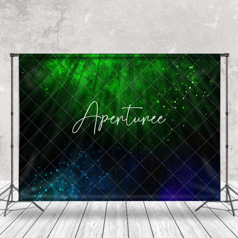 Aperturee - Green Blue Firefly Night Forest Photo Booth Backdrop