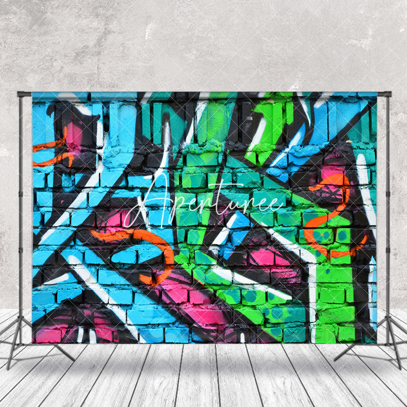 Aperturee - Green Blue Pink Brick Graffiti Wall Photo Backdrop